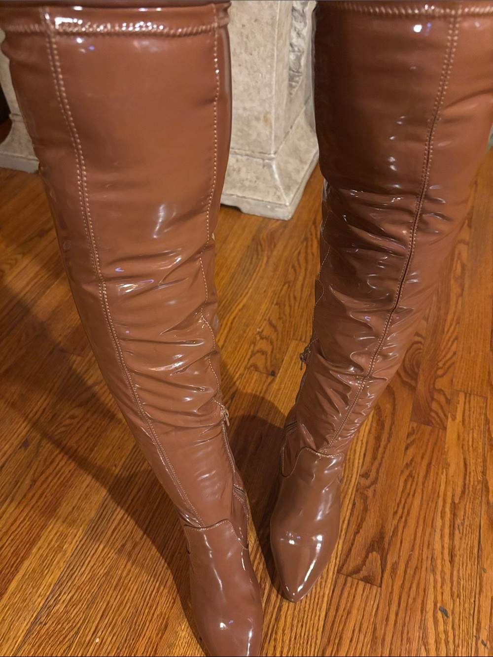 Knee-High Patent Leather Boots - Tan